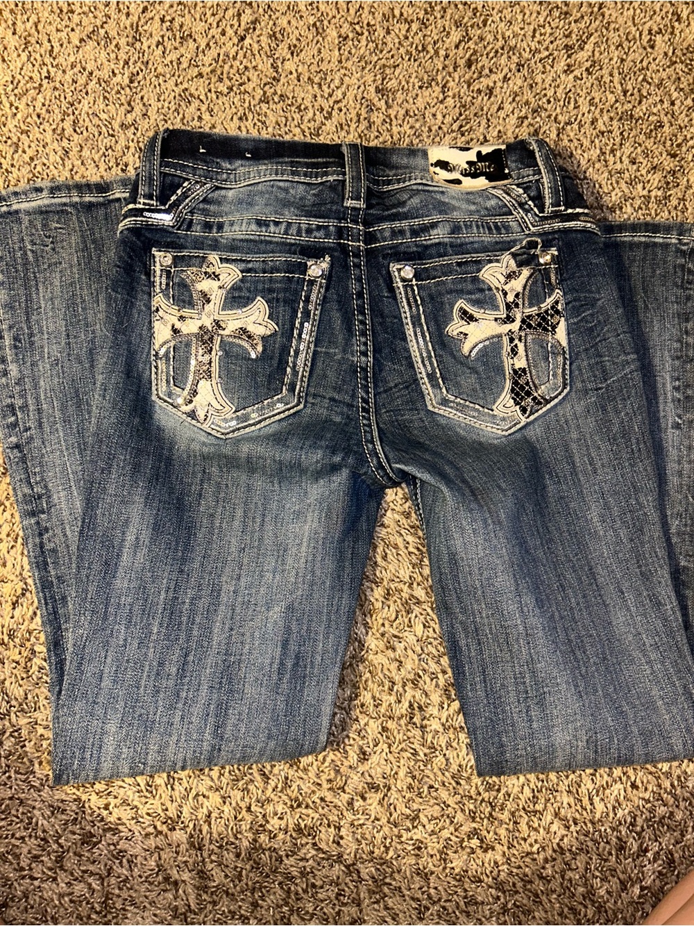 Miss Me Embellished Leatger Cross Pocket Blue Jeans - Size 26